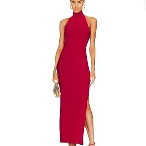 Norma Kamali Halter Turtleneck Side Slit Gown Red